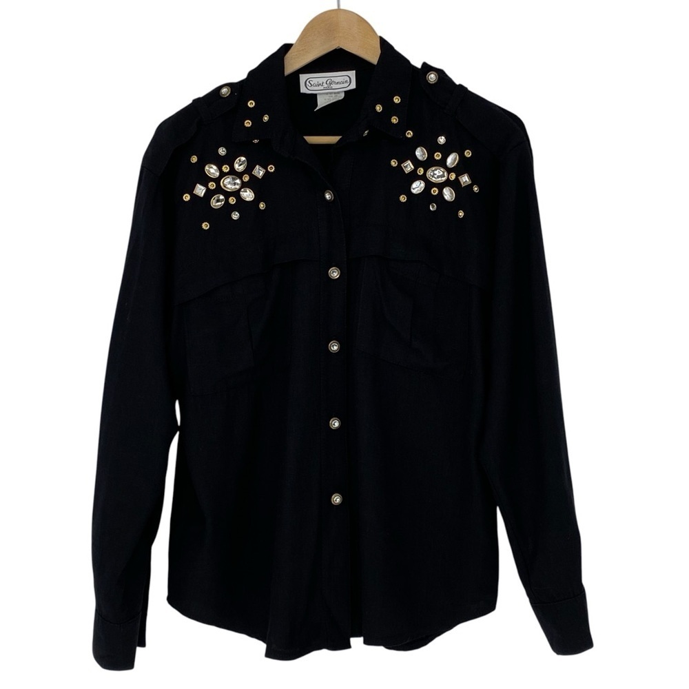 Saint Germain Paris -black LS button down shirt with Rhinestone Detail on Front